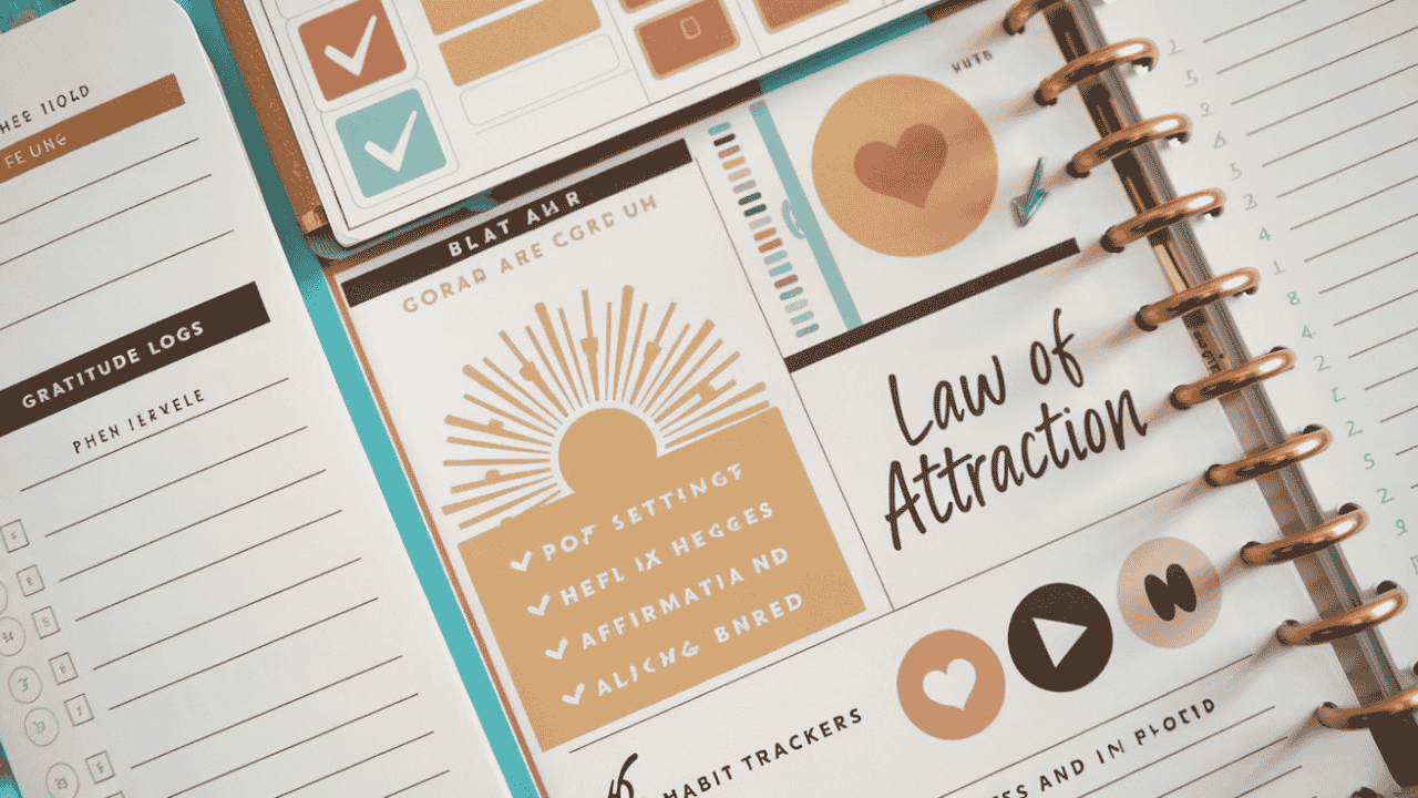 Key sections of a Law of Attraction planner, including goal-setting and gratitude logs.