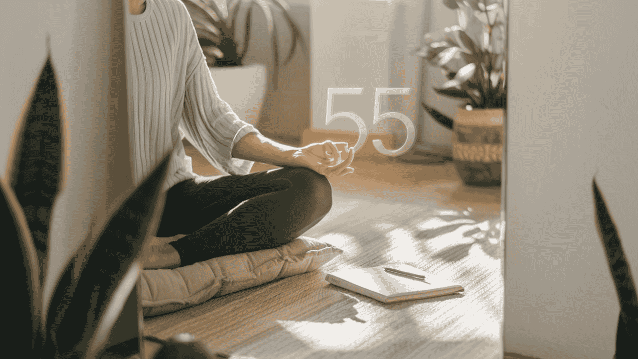 Person meditating with a journal, reflecting the number 555 in a mirror.