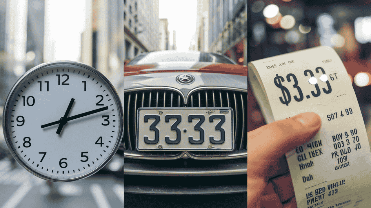 Collage of 333 appearing on a clock, license plate, and receipt.