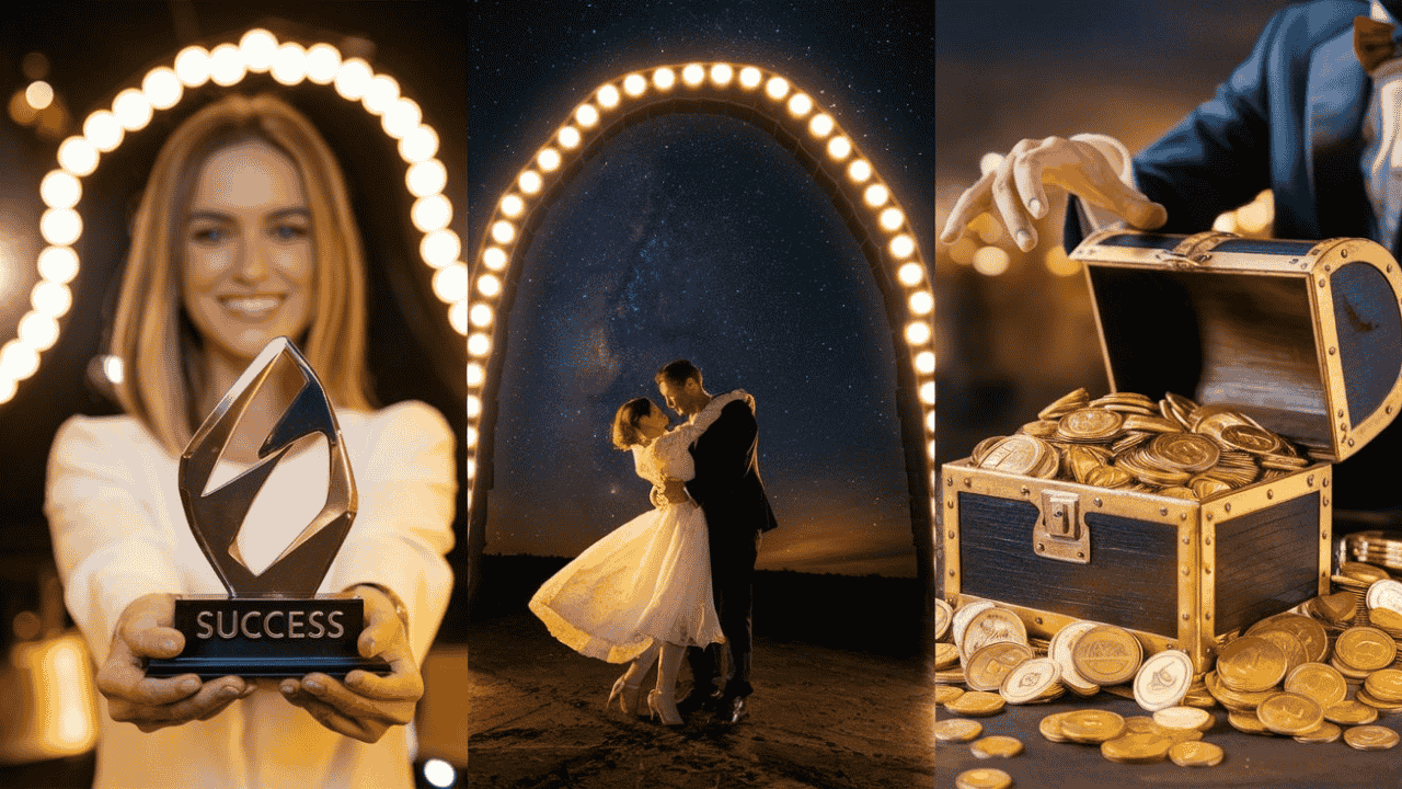 Collage of real-life examples of the Secret Law of Attraction: career success, love, and financial abundance.