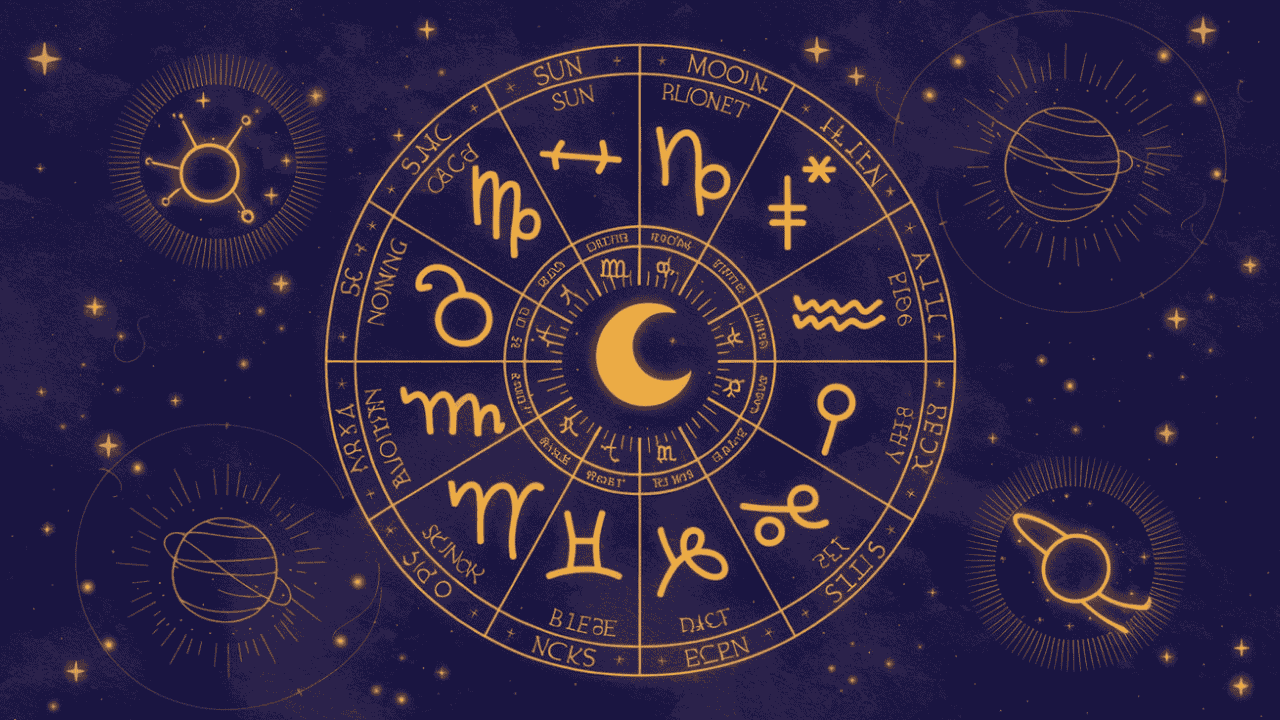 Colorful illustrated natal chart with labeled components like Sun, Moon, and planets.
