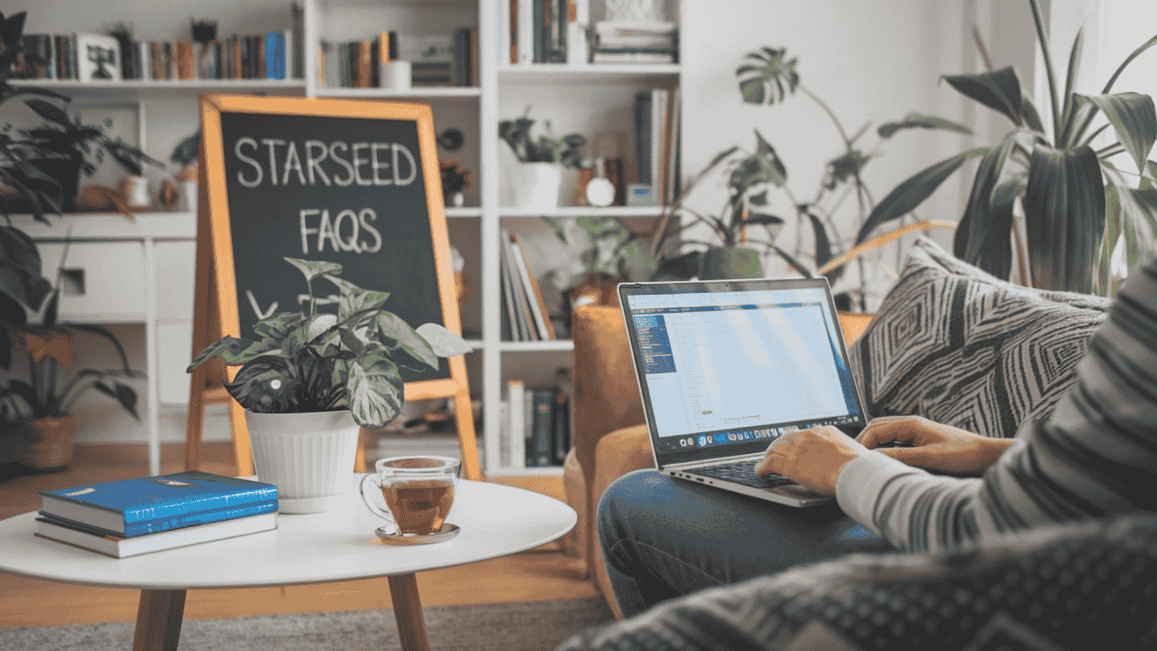 Person on a couch typing on a laptop with a chalkboard featuring Starseed FAQs, in a cozy living room