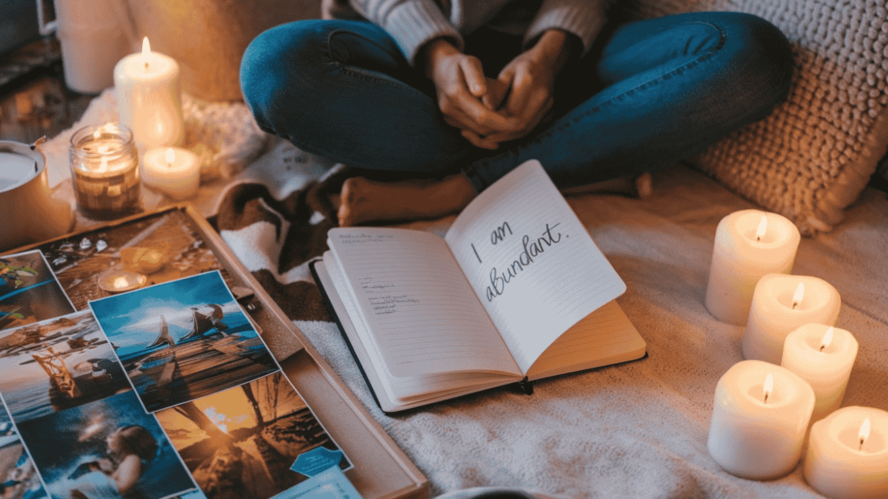 Person in a cozy nook with a vision board, candles, and a journal, symbolizing Law of Attraction techniques.