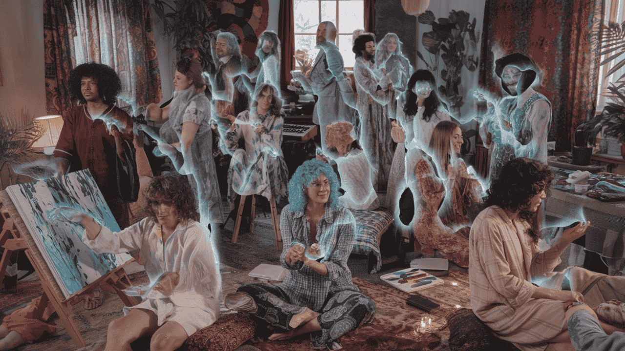 Group of people from the 1970s with a blue glow, symbolizing Blue Starseeds.