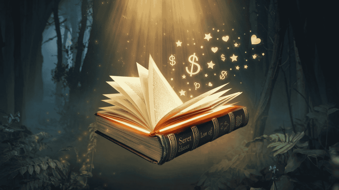 Ancient glowing book titled The Secret Law of Attraction floating in a mystical forest, radiating golden light.