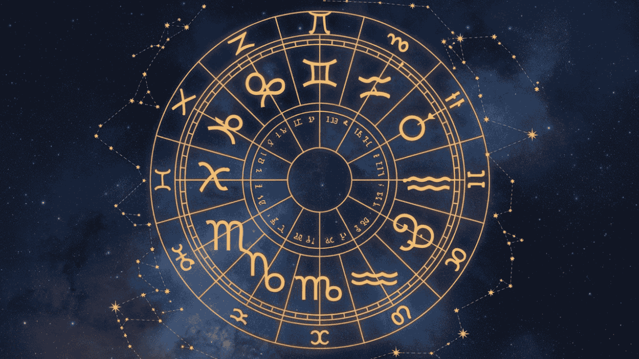 Glowing natal chart with zodiac symbols and planetary glyphs, surrounded by stars and constellations.