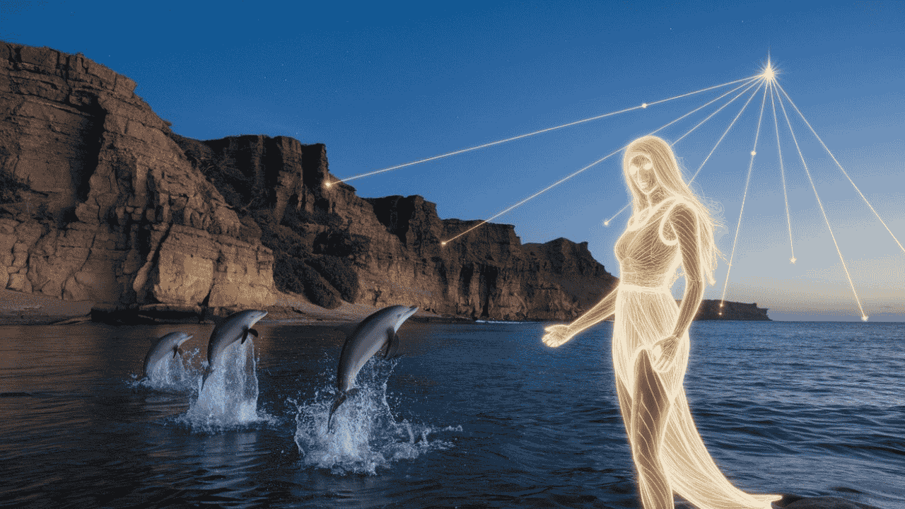 Ethereal figure by the ocean connected to Sirius, with dolphins leaping nearby, symbolizing Sirian starseeds.