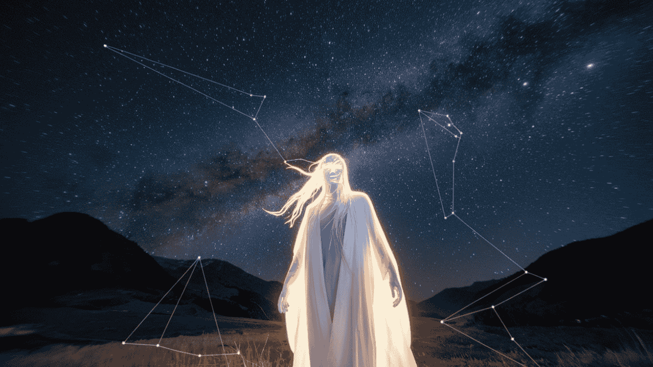 Ethereal figure under a starry sky, connected to constellations by beams of light, symbolizing starseeds.