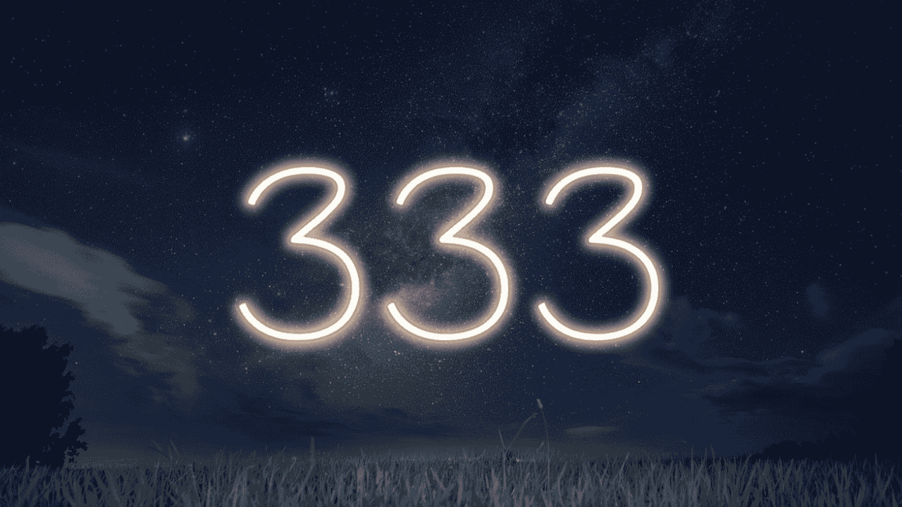 Glowing number 333 in a starry night sky, symbolizing creativity and alignment with the Law of Attraction.
