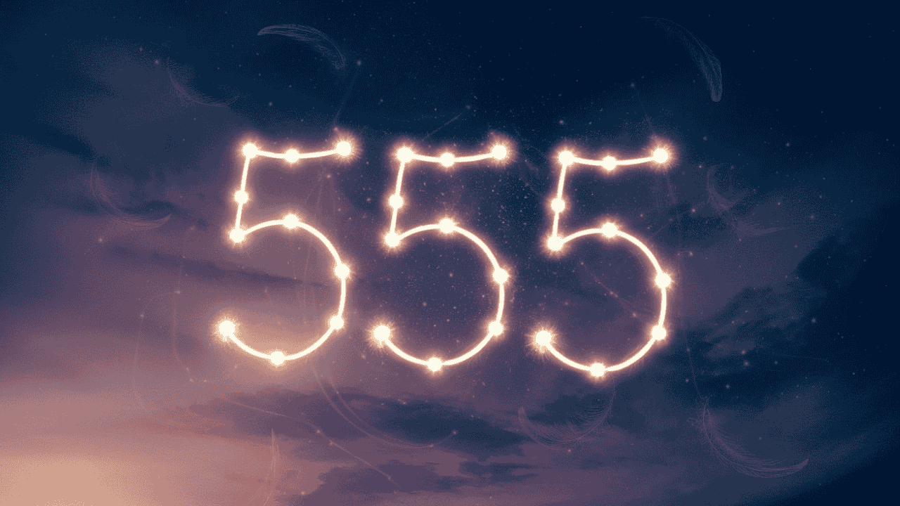 Golden glowing number 555 in a starry night sky with angelic symbols.