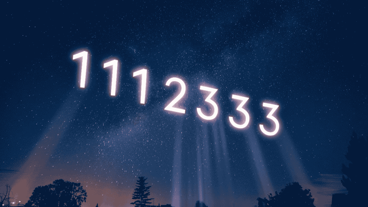 Glowing angle numbers 111, 222, 333 in a starry sky with beams of light.