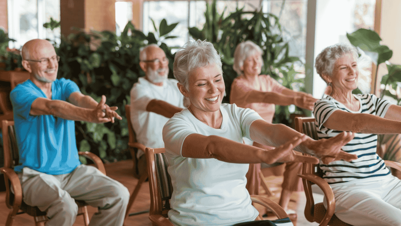 Seniors practicing chair yoga in a community center, symbolizing accessibility and community.