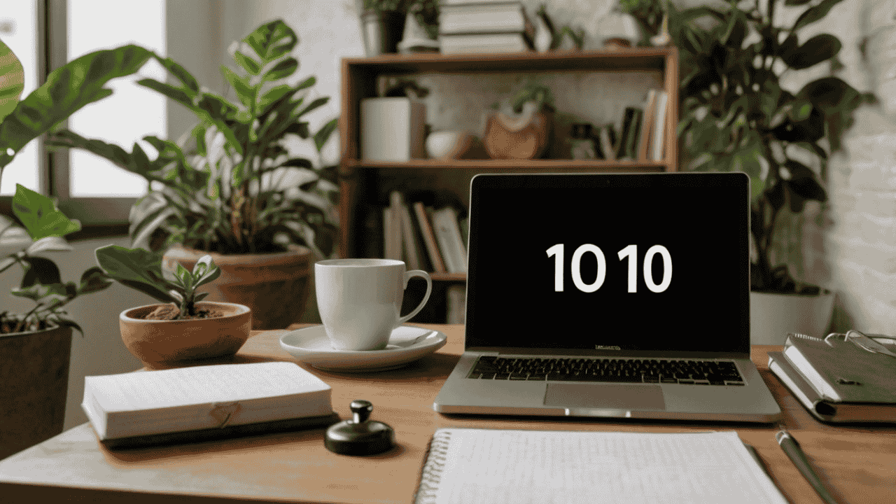 Minimalist desk with a laptop, coffee, and notebook featuring the number 1010.