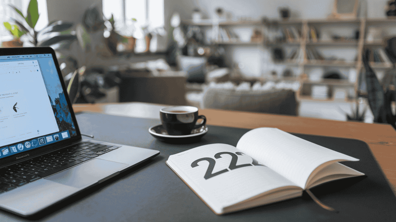 Minimalist desk with a laptop, coffee, and notebook featuring the number 222.