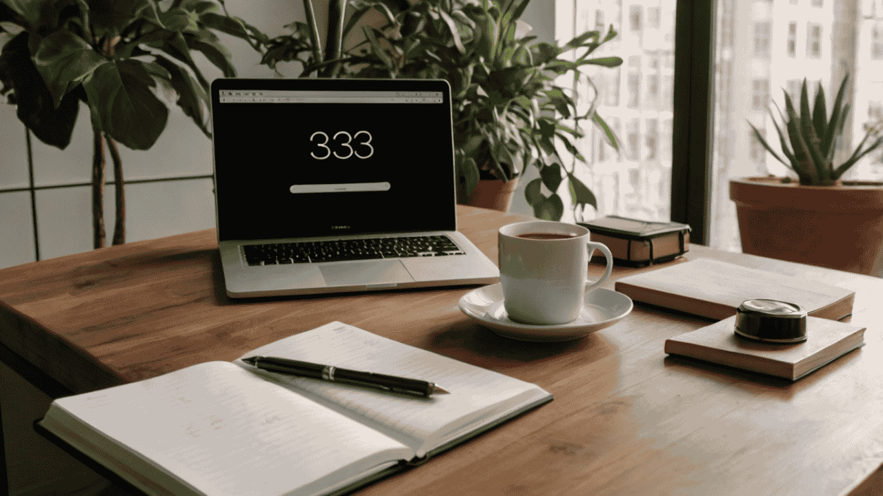 Minimalist desk with a laptop, coffee, and notebook featuring the number 333.