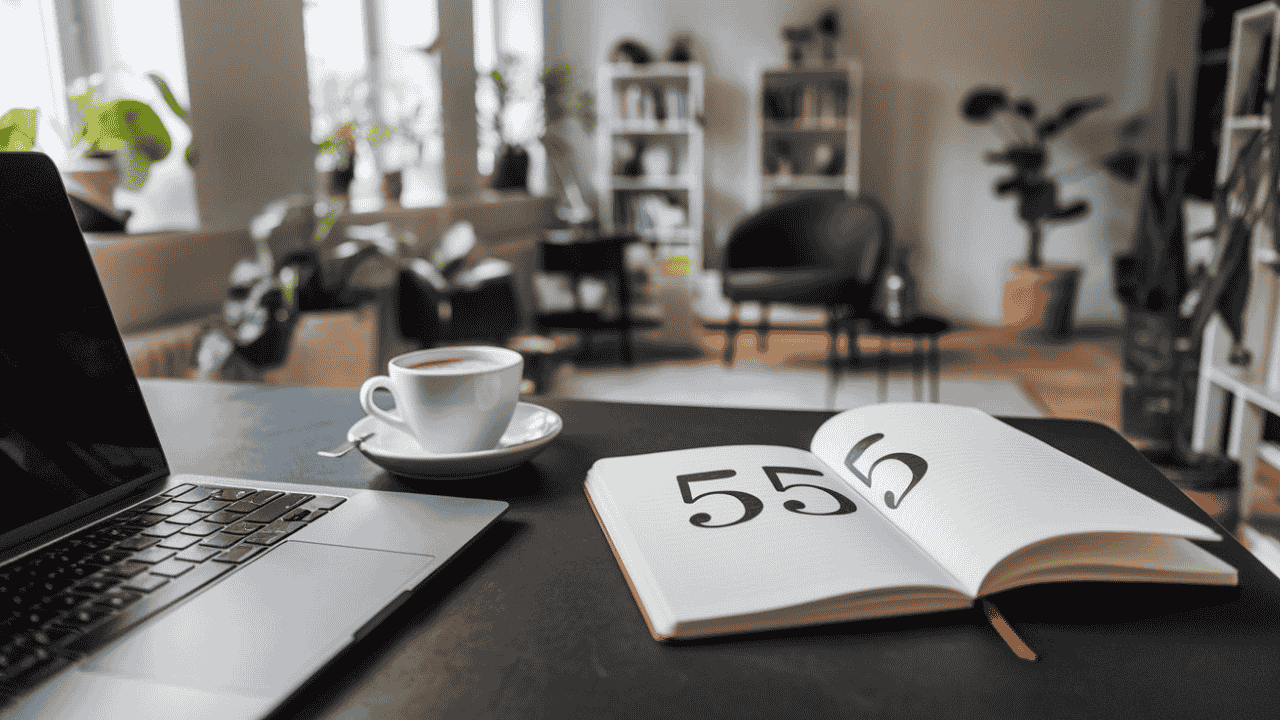 Minimalist desk with a laptop, coffee, and notebook featuring the number 555.