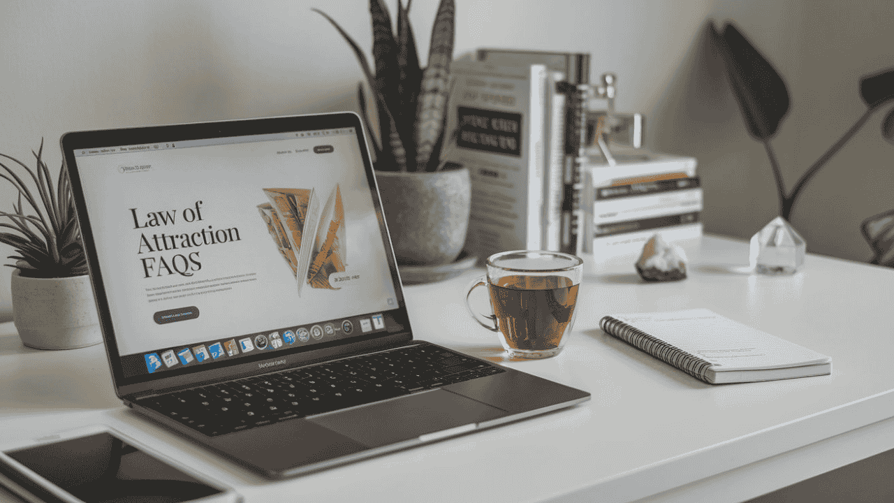 Minimalist workspace with a laptop, tea, and notebook featuring Law of Attraction FAQs.