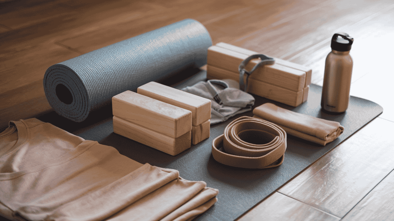 Yoga gear for beginners, including a mat, blocks, and a strap.