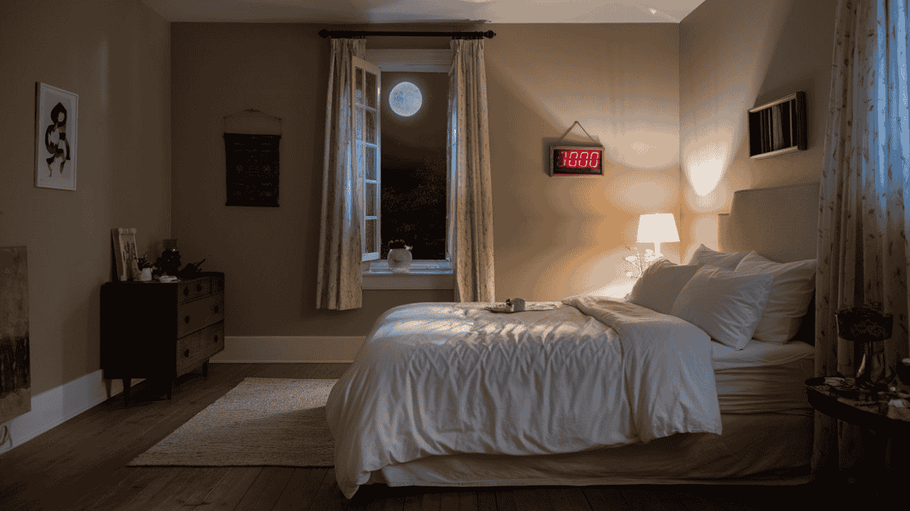Digital clock showing 3:00am in a peaceful, moonlit bedroom.