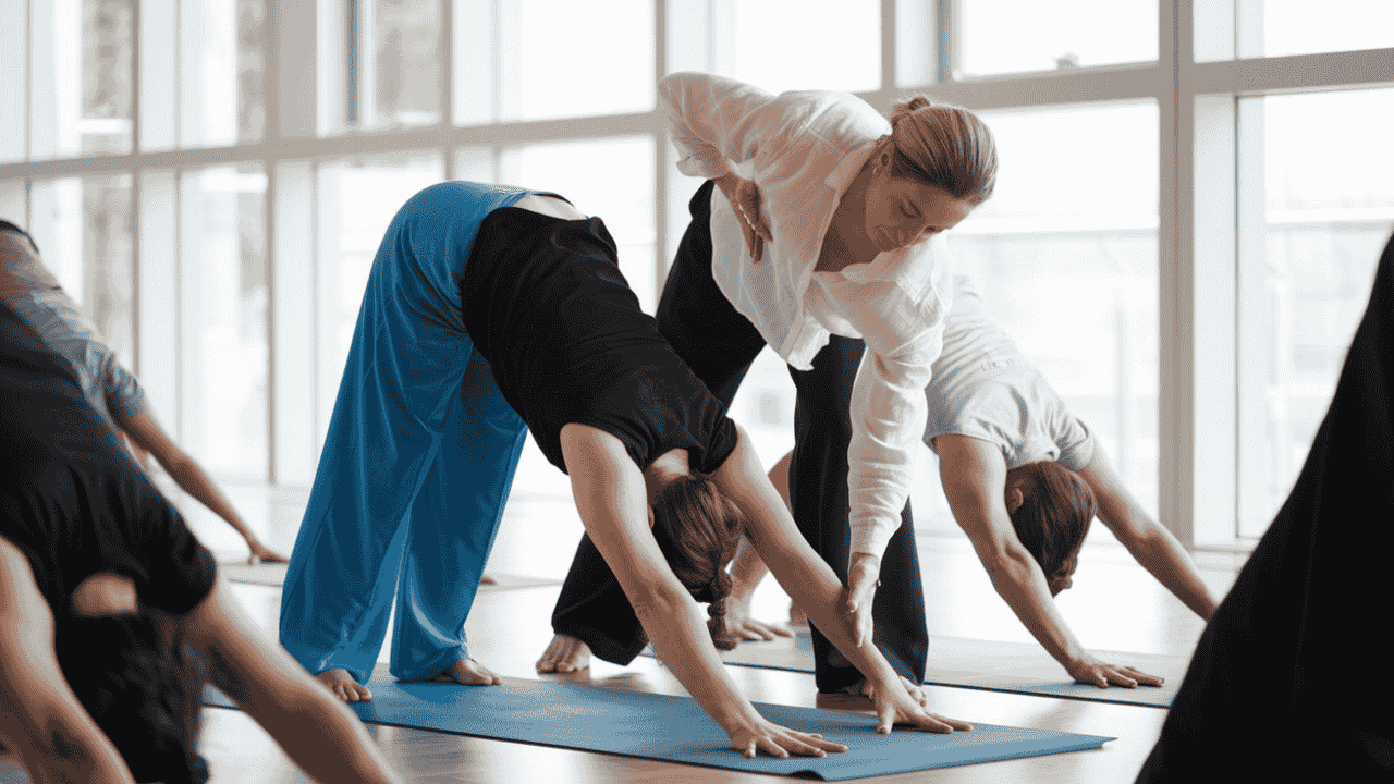 Yoga instructor correcting a beginner’s posture, symbolizing common mistakes.