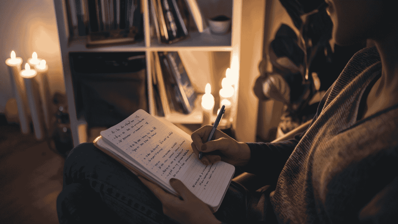 Person journaling by candlelight at 3:00am, setting intentions and goals.