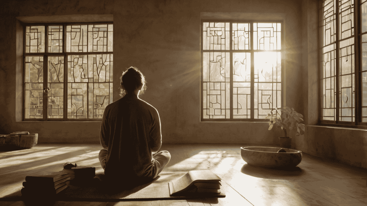 Person meditating with a journal featuring the number 1010 in a sunlit room.
