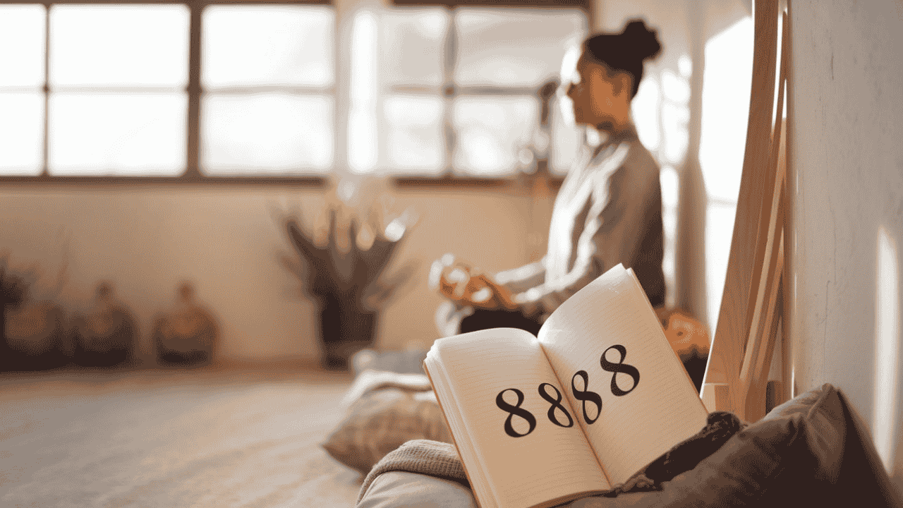 Person meditating with a journal featuring the number 8888 in a sunlit room.