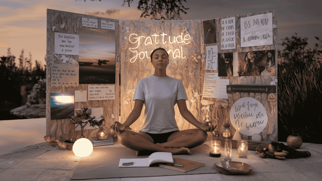 Person meditating with a vision board and affirmations, symbolizing the key to living the Law of Attraction.