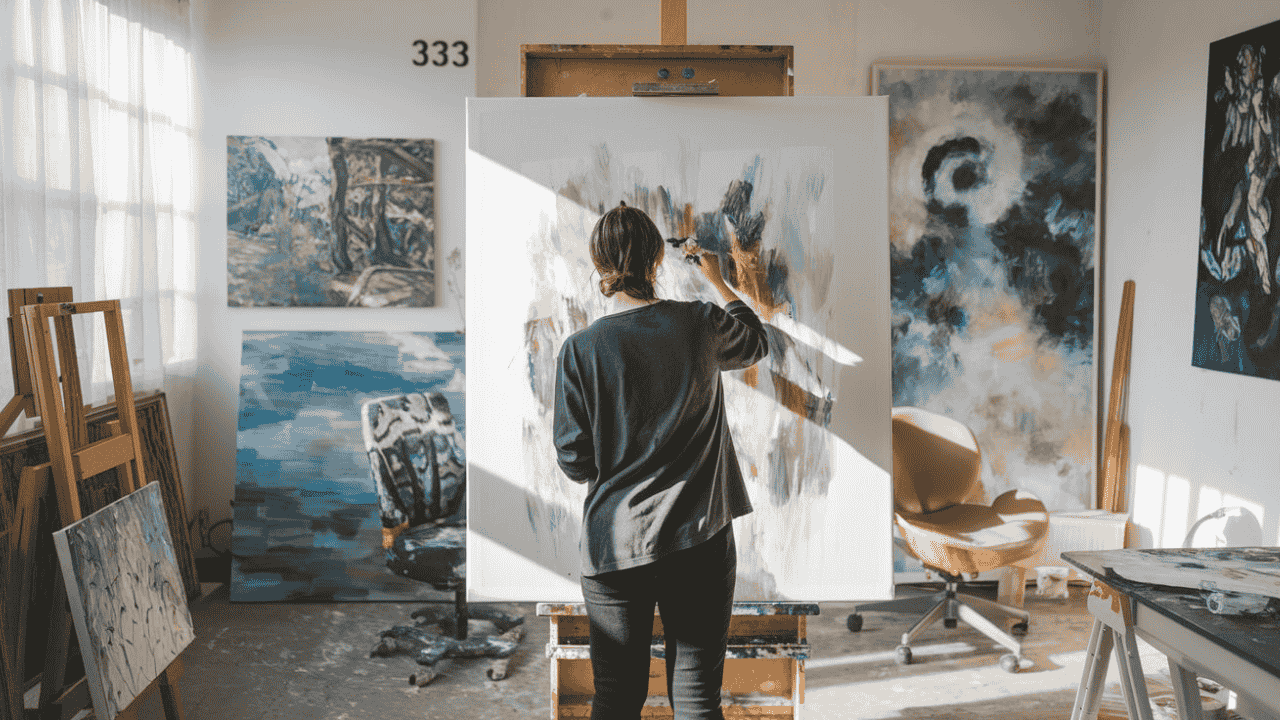 Person painting with the number 333 in the background, symbolizing creativity and growth.