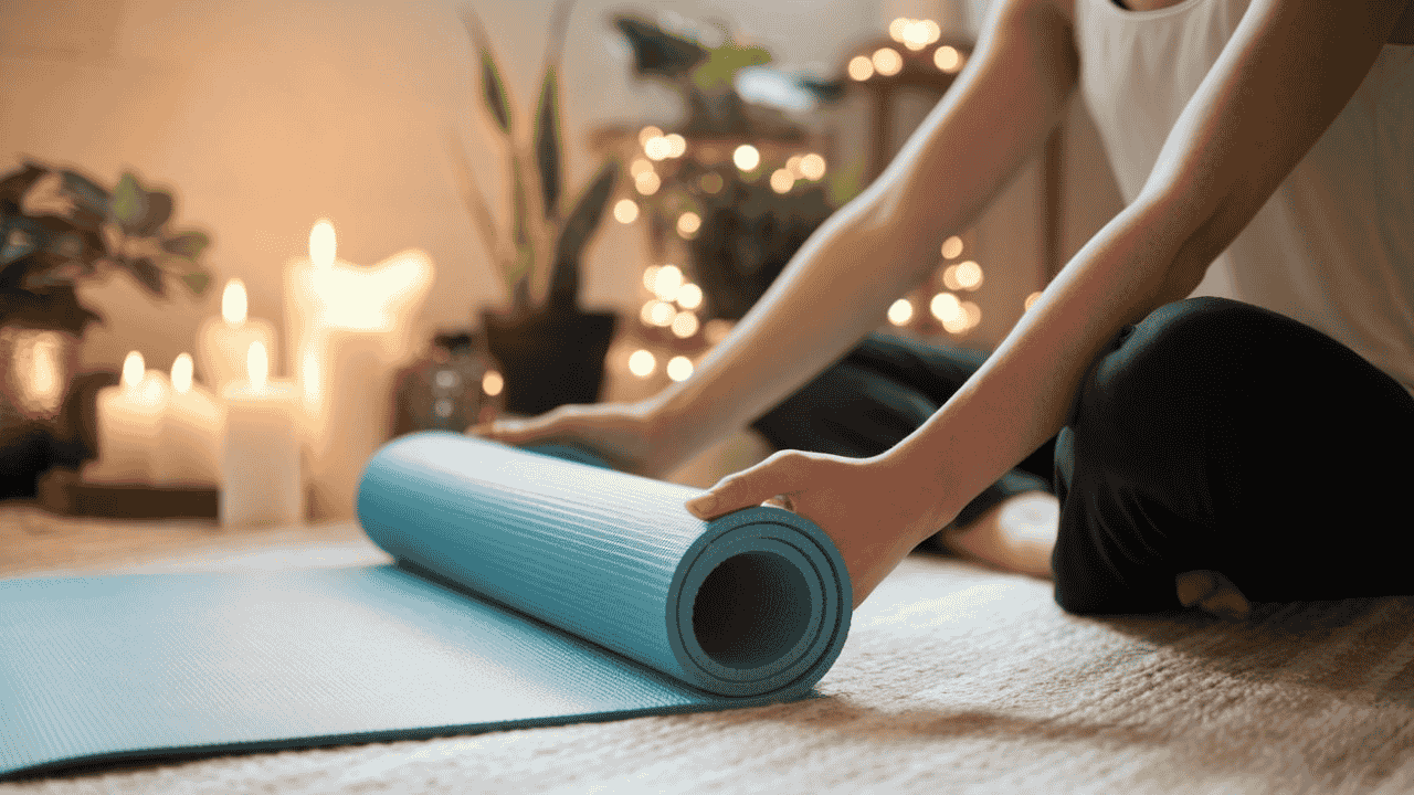 Person setting up a yoga mat at home, symbolizing a consistent practice.