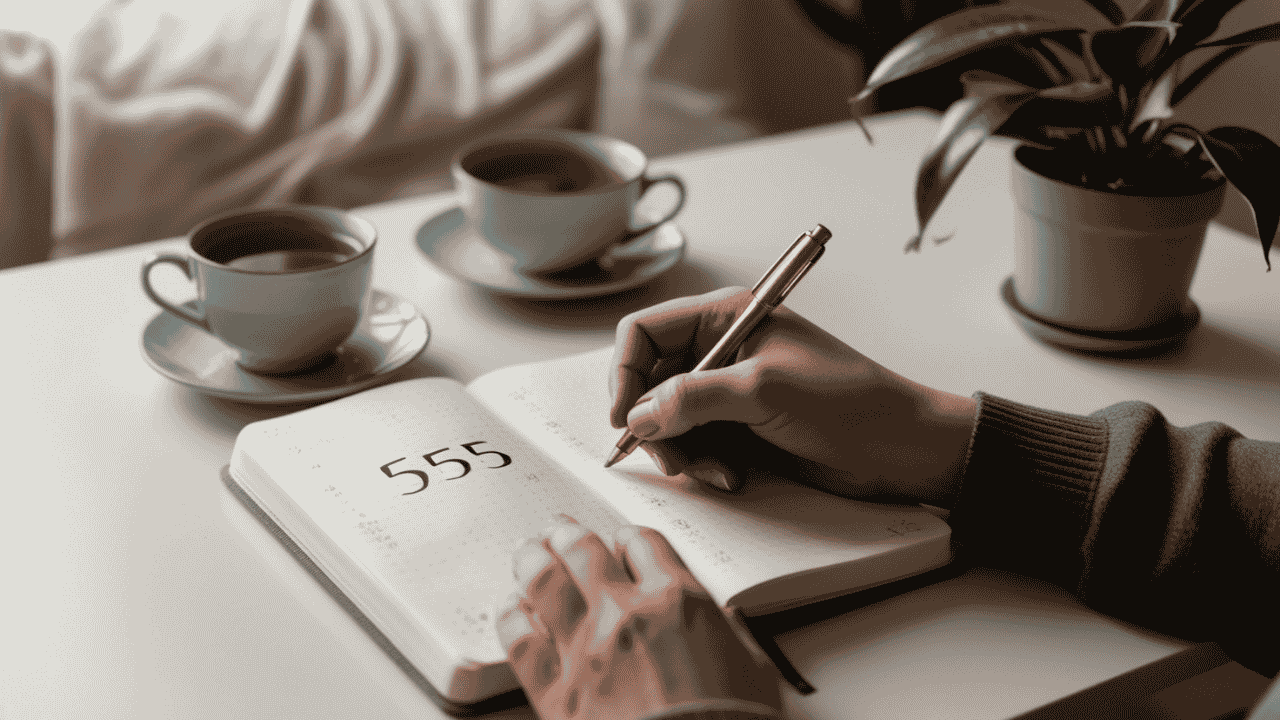 Person journaling about angle number 555 in a cozy, well-lit room.