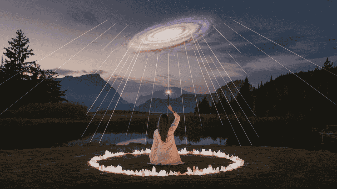 Person in a circle of glowing crystals, holding a wand that creates a spiral galaxy, symbolizing advanced Law of Attraction techniques.