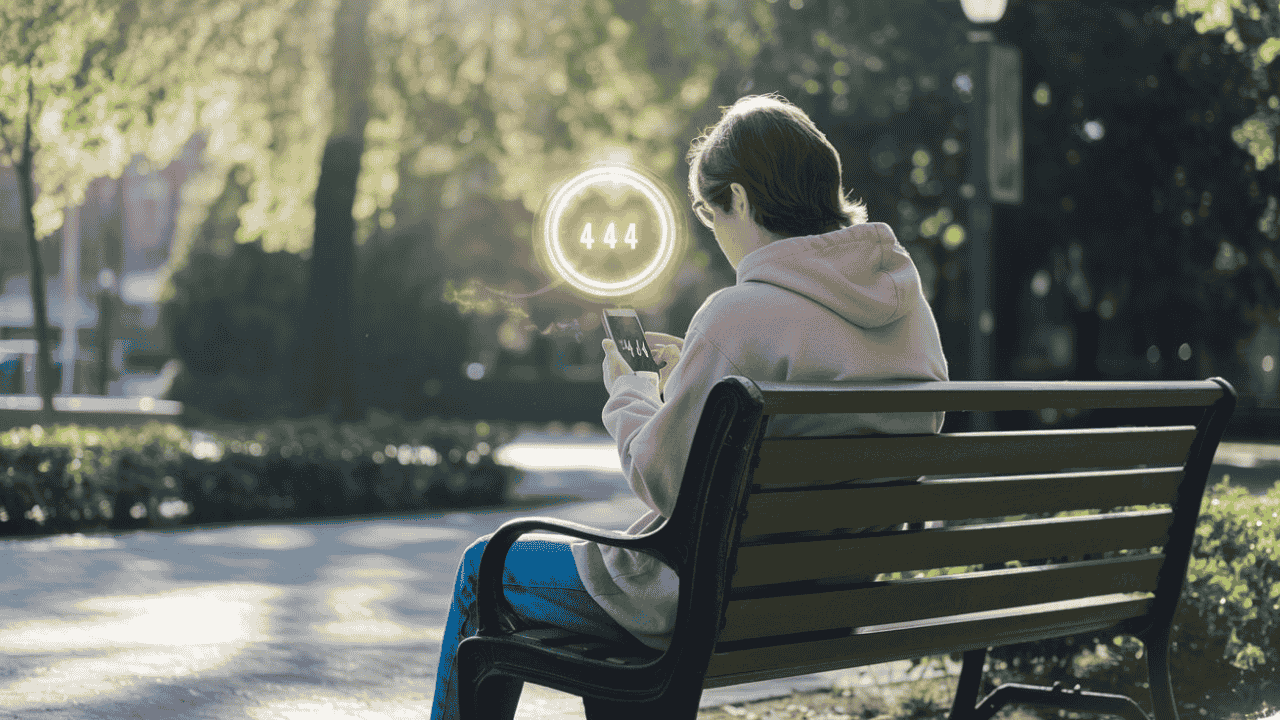 Person noticing 4:44 on their phone in a peaceful park setting, symbolizing divine messages in everyday life.