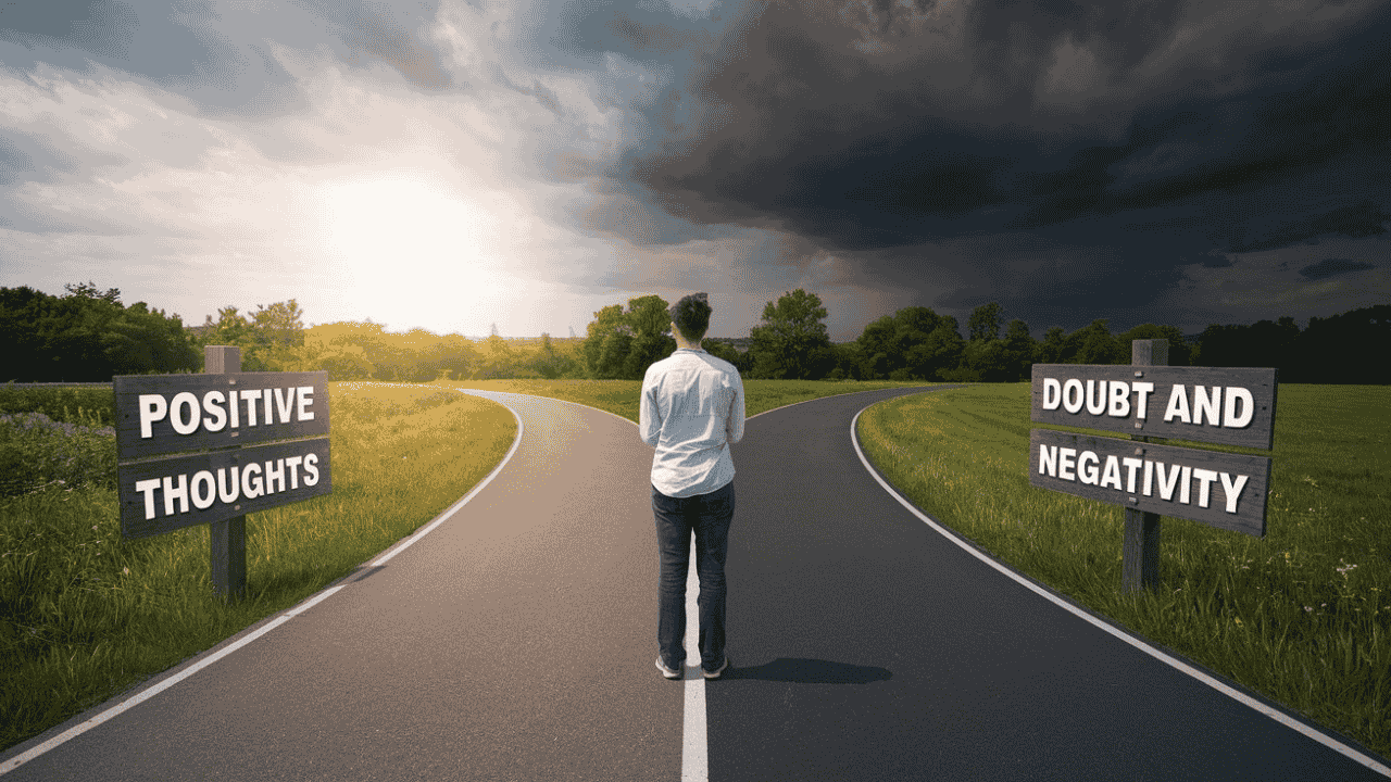 Person at a crossroads choosing between positive thoughts and doubt, symbolizing Law of Attraction mistakes.