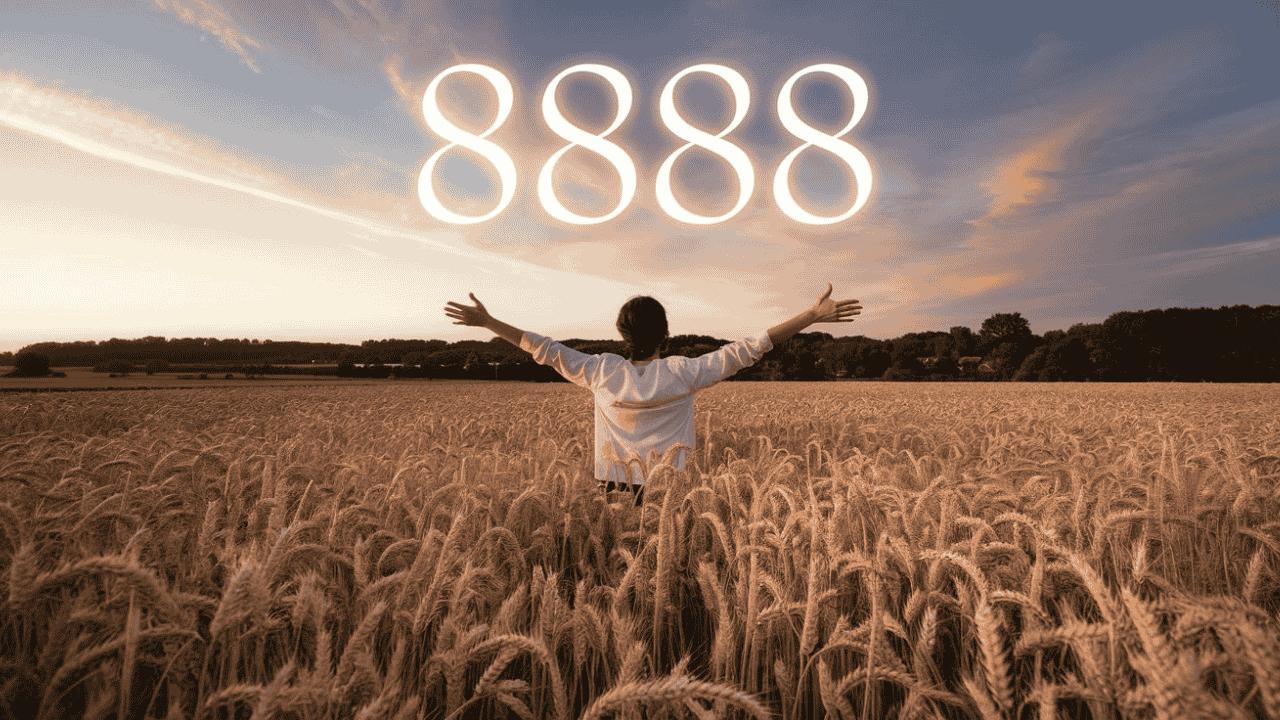 Person in a wheat field with the number 8888 in the sky, symbolizing abundance and balance.