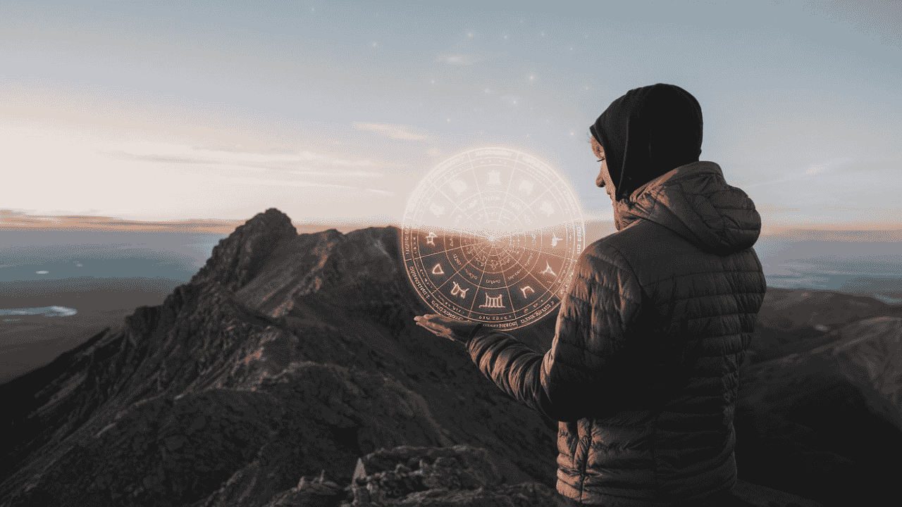 Person holding a glowing natal chart on a mountain peak, symbolizing personal growth.