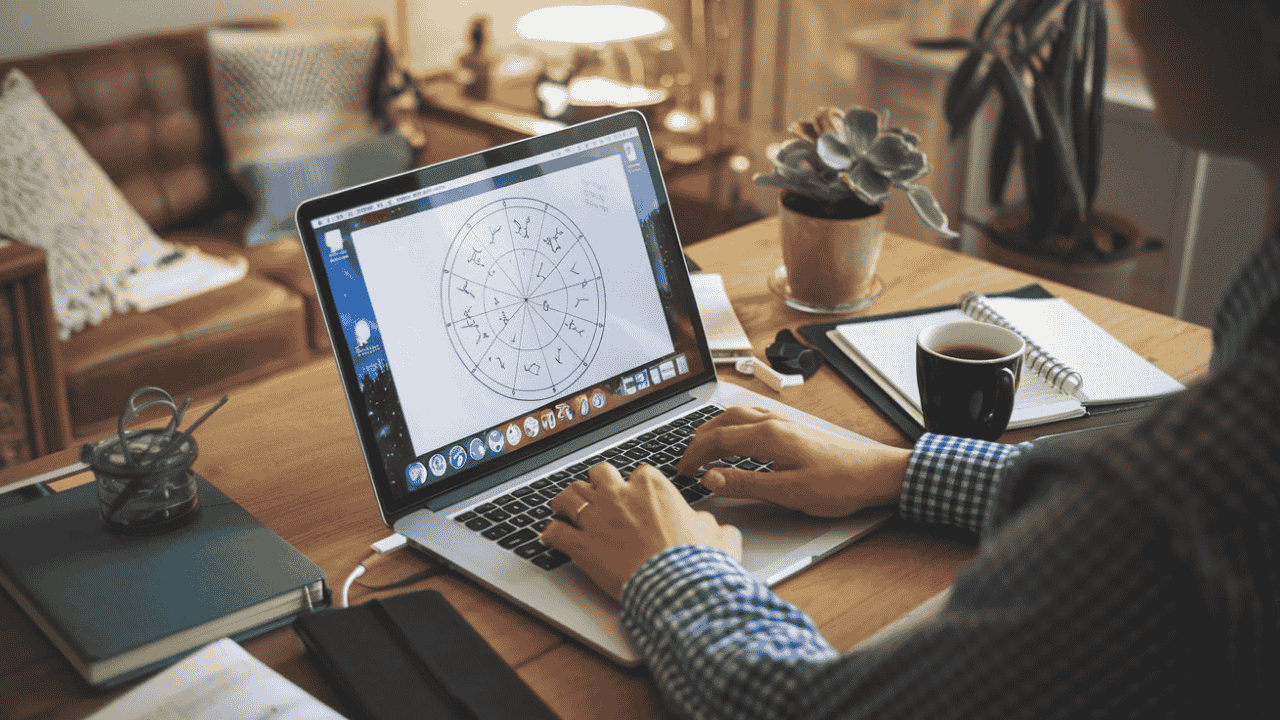 Person typing on a laptop with a natal chart on the screen, in a cozy workspace.