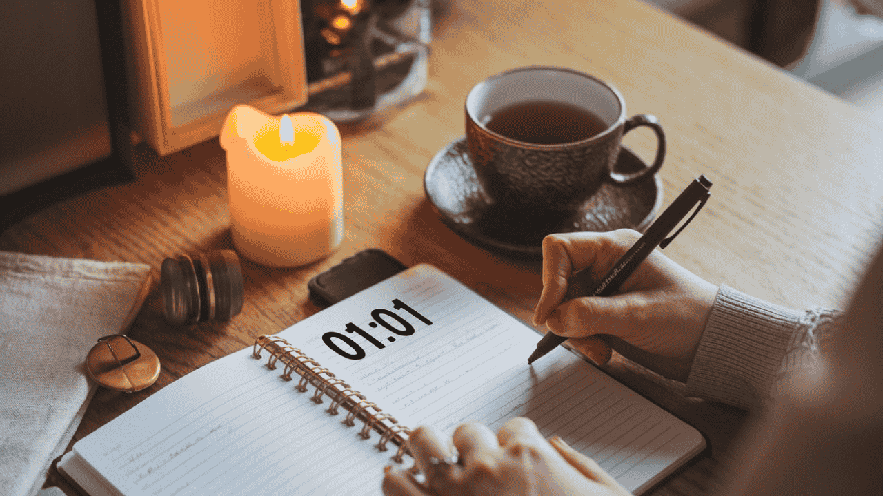 Person journaling about the 01:01 angle number - tips to harness its energy.