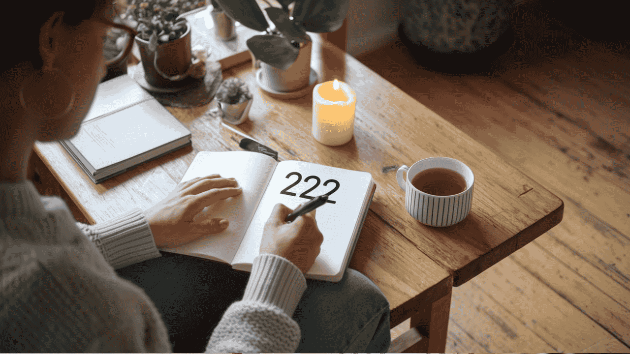 A realistic photo of a person writing in a journal with the number 222 written boldly on the page. Nearby, a lit candle and a cup of tea create a cozy, mindful atmosphere. The lighting is warm and natural.