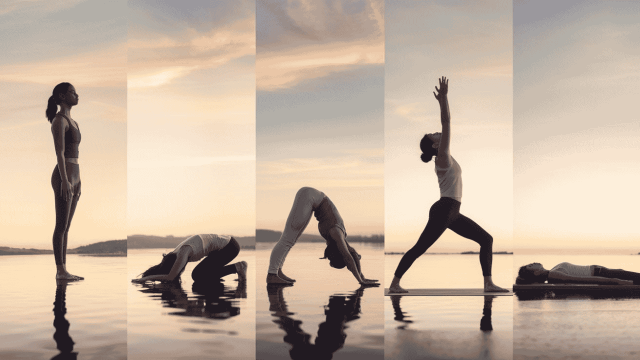 Beginner yoga poses, including Mountain Pose and Downward-Facing Dog.
