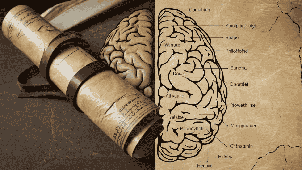 Ancient scrolls and modern brain diagram, symbolizing the science and philosophy of the Law of Attraction.