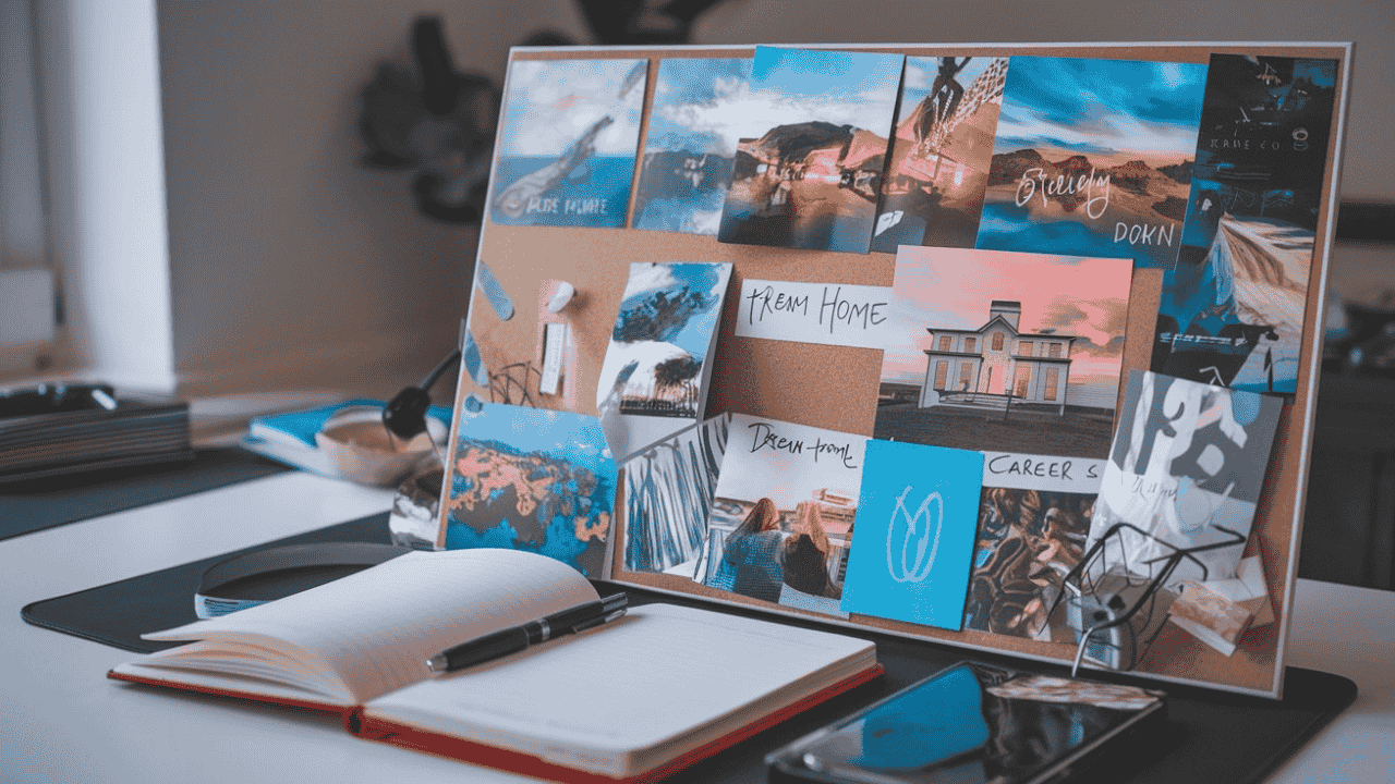 Vision board with goals, journal, and pen on a desk, symbolizing the Law of Attraction in action.