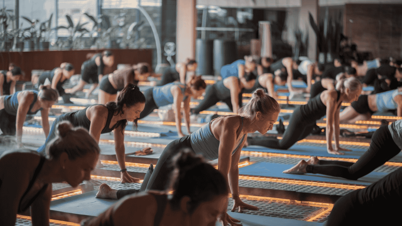 Bikram Yoga class in a heated studio, symbolizing the practice’s intensity.