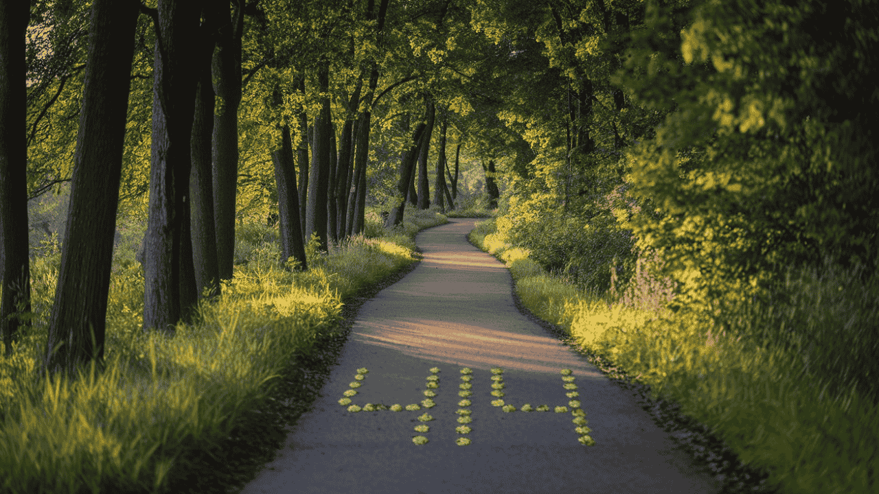 Winding forest path with sunlight breaking through the trees, subtly revealing the number 414.