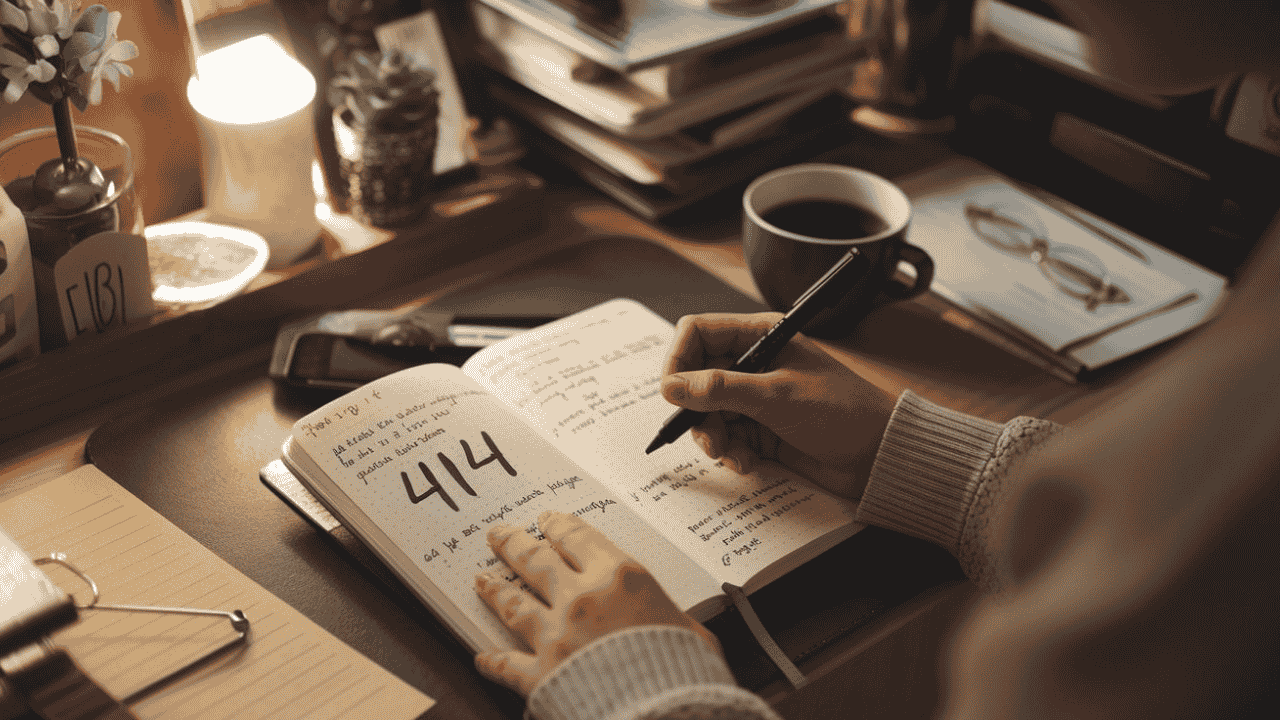 Person writing '414' in a journal at a cozy desk, surrounded by motivational notes and a cup of coffee.