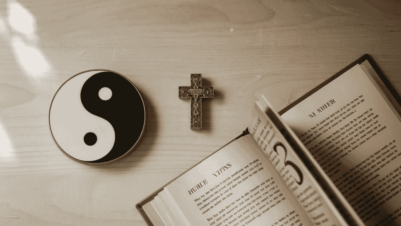 Cultural symbols of the 222 angle number - yin-yang, cross, and numerology book.