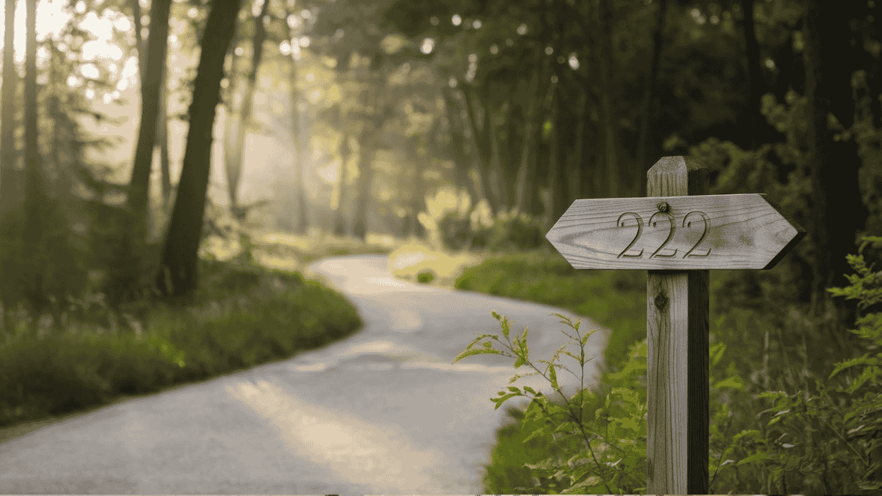 Forest path with 222 signpost - trusting the journey with the 222 angle number.