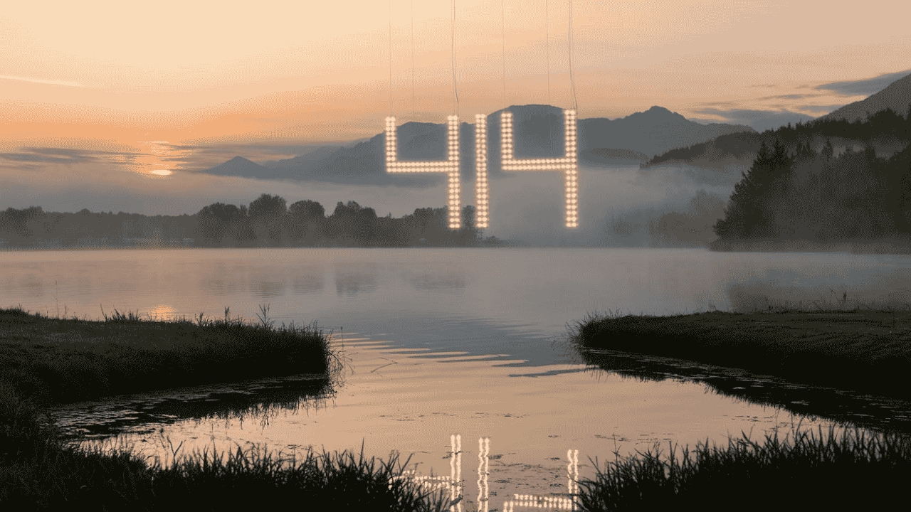Glowing number 414 floating above a calm lake at sunrise, symbolizing renewal and balance.