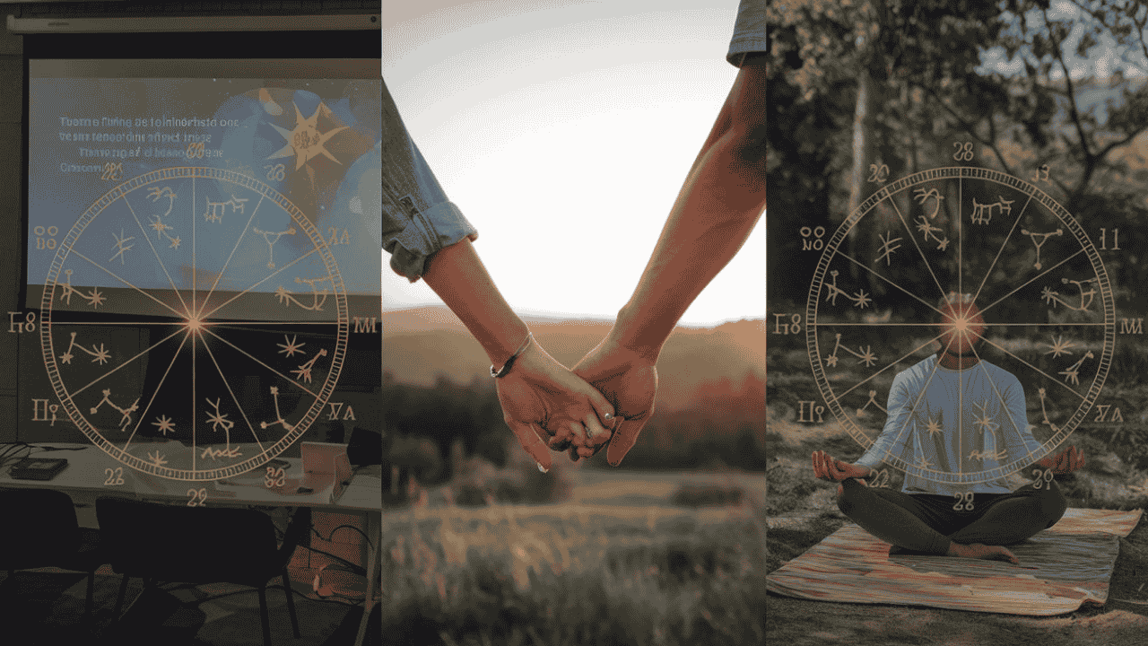 Collage of real-life examples with natal chart overlays: career, relationships, and life purpose.