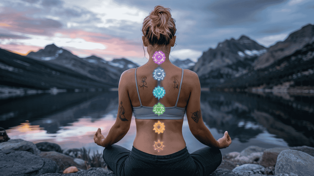 Back view of a person with chakra line tattoos on their spine, glowing chakra symbols, meditative pose, tranquil setting